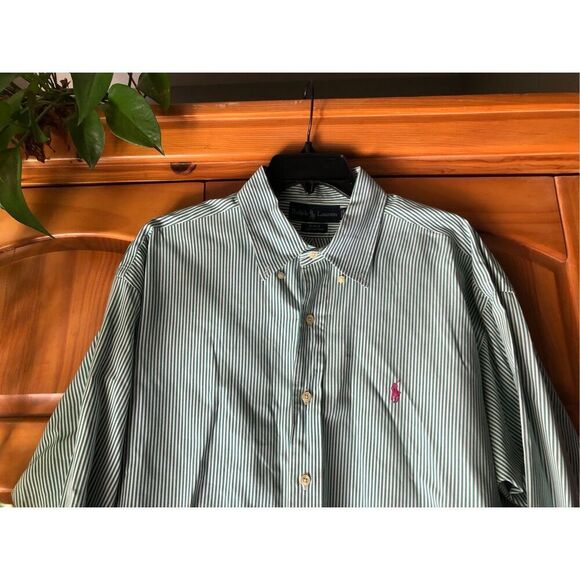 RALPH LAUREN BLAKE COTTON SHIRT Mens Sz XL White Green Stripes - Picture 2 of 8